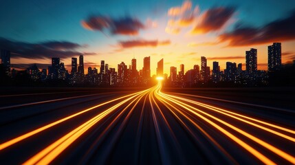 Obraz premium Futuristic Digital Cityscape at Sunset with Light Trails and Vibrant Sky Background