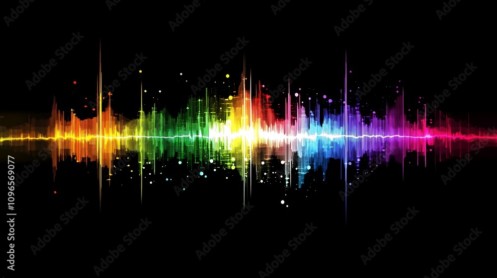 Poster a colorful sound wave graphic representing audio frequencies and music visualization.