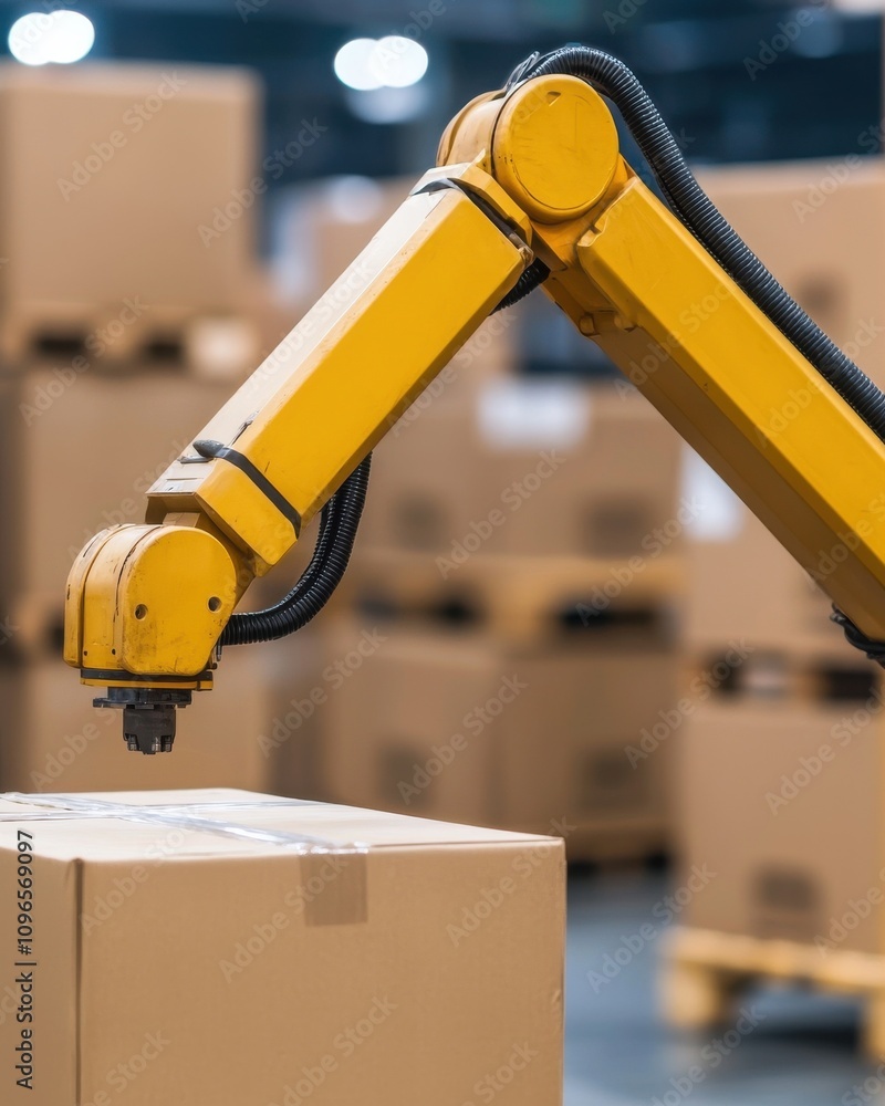 Poster a robotic arm is seen handling a cardboard box in a warehouse filled with stacked boxes, showcasing 