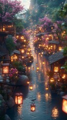 Fototapeta premium Enchanted River Village: A Magical Nighttime Landscape with Luminous Lanterns