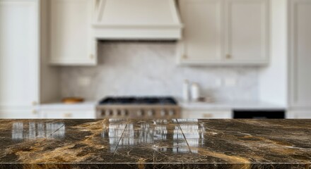 Modern Kitchen interrior room with white marble empty table blurred background mockup