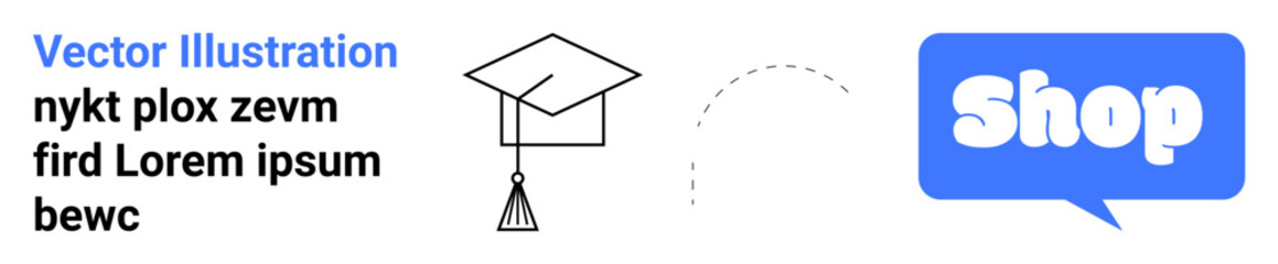 A graduation cap next to a speech bubble with the word shop. Ideal for education, online learning, e-commerce, graduation sales, and academic resources. Banner for landing page