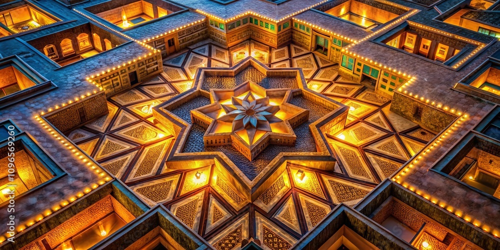 Poster captivating low light photography showcasing intricate geometric patterns in warm color tones for vi