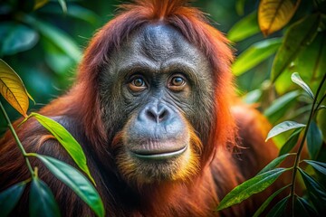 Fototapeta premium Captivating Low Light Portrait of an Orangutan in Its Natural Habitat, Showcasing Intricate Details of Fur and Expressive Eyes Amidst a Mysterious Rainforest Setting