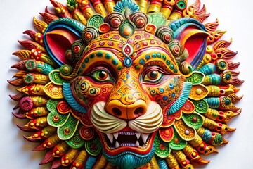 Fototapeta premium Captivating Macro Photography of a Decorative Lion Mask on White Background Showcasing Intricate Details and Vibrant Colors for Artistic and Cultural Exploration