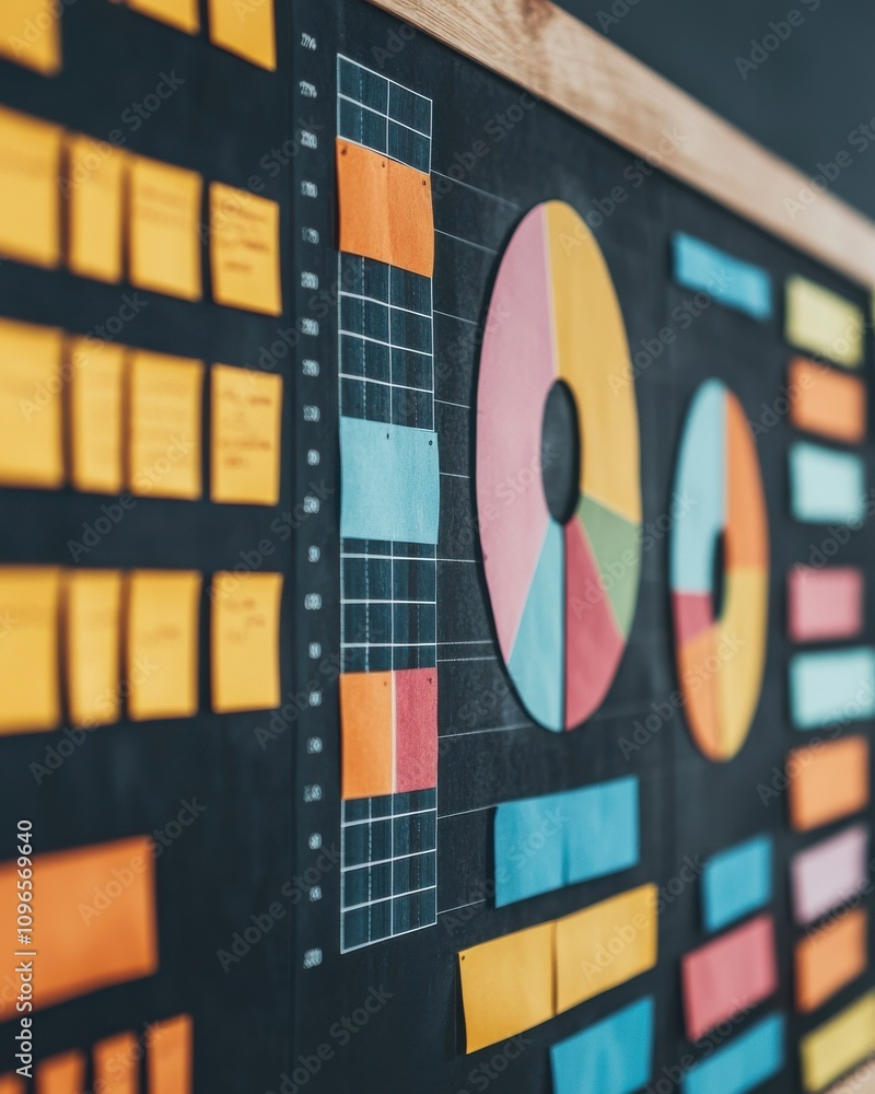 Poster a visual representation of data with colorful sticky notes, charts, and graphs on a dark board, show