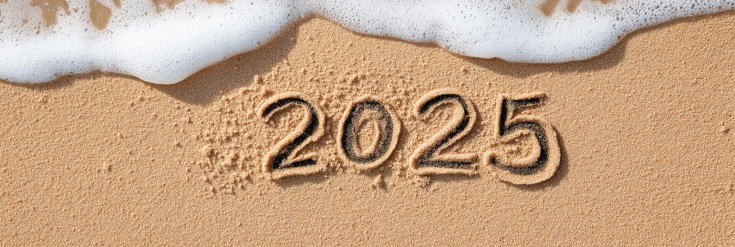 A sandy beach with the year '2025' inscribed as gentle waves roll over, capturing the transition of time, nature's artistry, and the nostalgia of fleeting moments.