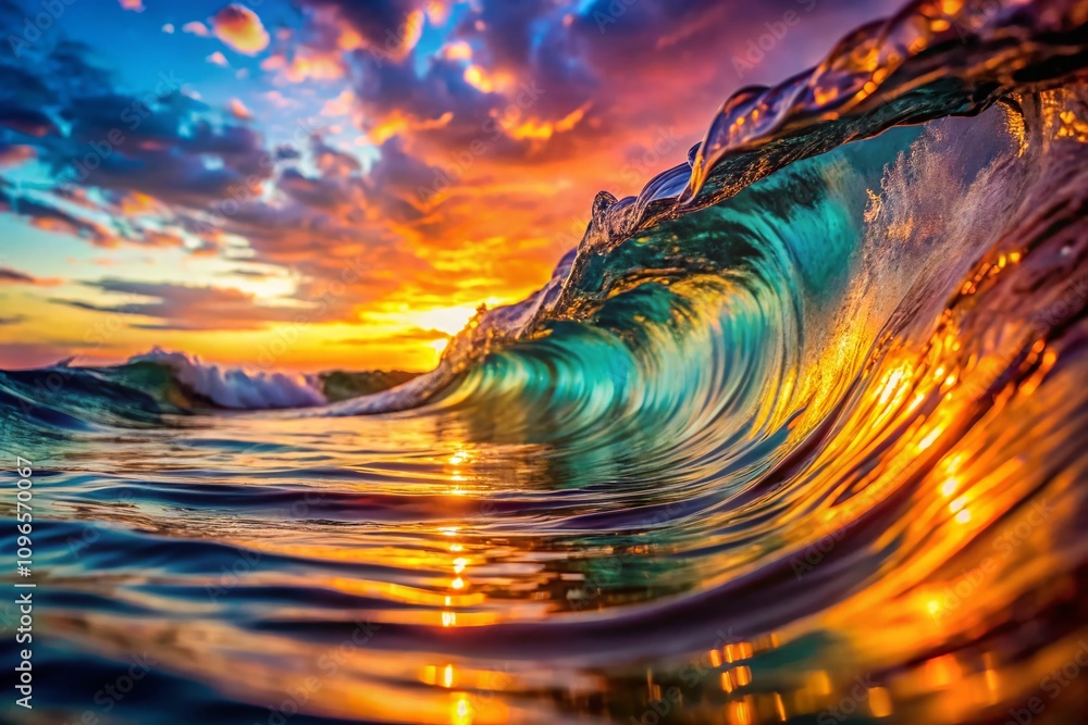 Poster captivating macro photography of surface wave patterns in vapor wave aesthetic with colorful hues an