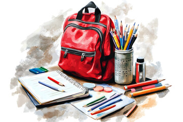 A red backpack surrounded by art supplies and notebooks, suggesting creativity and study.