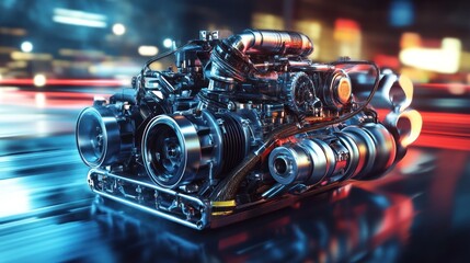 Fototapeta premium Powerful chrome engine on a reflective surface with blurred city lights in the background.