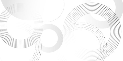 Fototapeta premium Abstract white background with black circle rings. Spiral sound wave rhythm line and dots dynamic abstract background, Vector illustration design for presentation, banner, cover, poster, texture Etc. 