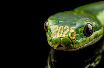 Fototapeta premium Green snake with golden 2025 numbers for Chinese New Year celebration. AI generated image
