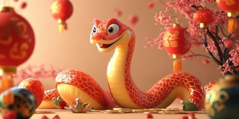 3D cartoon snake with decorative background, celebrating Chinese holidays, for poster or banner purposes
