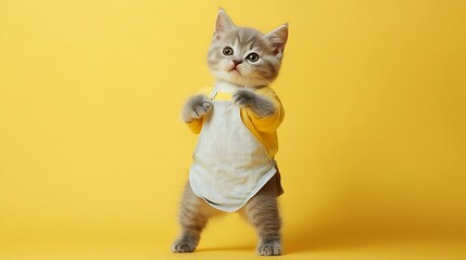 Cute British Shorthair Kitten Standing on Hind Legs in Apron and Shirt on Yellow Background with Copy Space for Text, Adorable Pet Portrait.