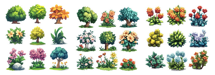 Colorful Cartoon Plants and Trees on Transparent Background