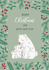 Flat style Christmas card featuring a mother polar bear and her cub surrounded by festive greenery and berries, with Merry Christmas and Happy New Year text in elegant typography.