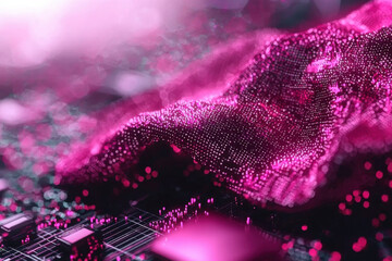 Futuristic pink digital landscape with glowing particles
