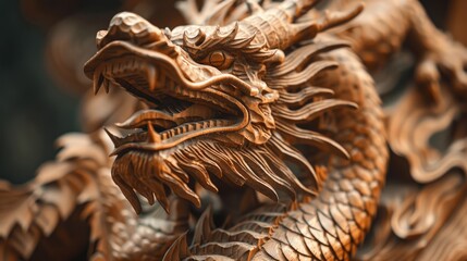 Fototapeta premium Intricate Wooden Dragon Sculpture Close-Up