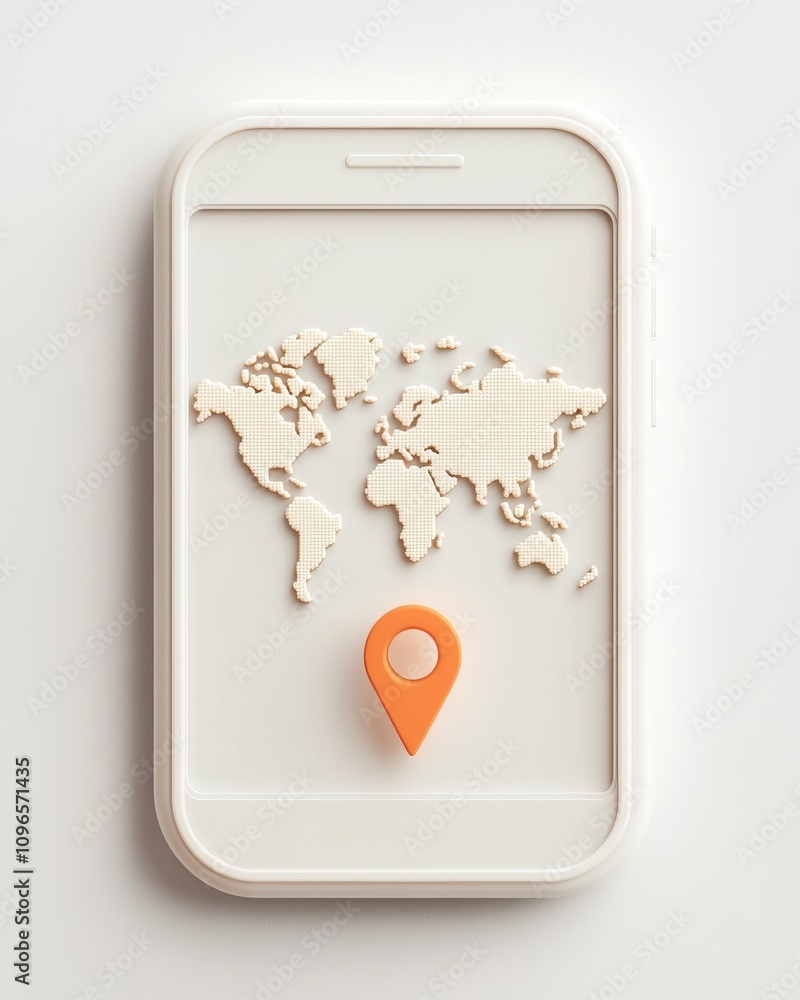 Poster a stylized smartphone showcases a world map with a prominent orange location pin, symbolizing global