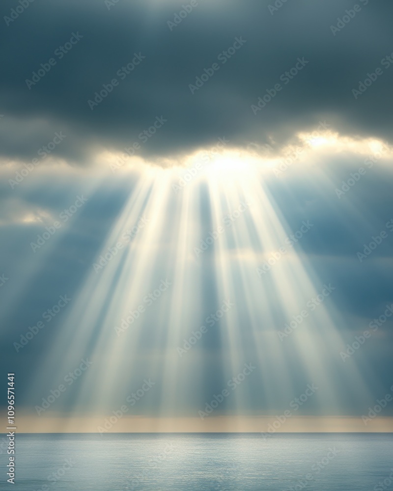 Poster a serene scene of sunlight breaking through clouds, casting beams over a calm ocean, creating a tran