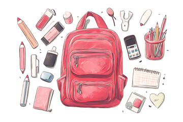 A colorful backpack surrounded by various school supplies and stationery items.