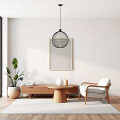 Minimalist living room with a white armchair, a wooden coffee table, a plant and a pendant light over a framed picture.
