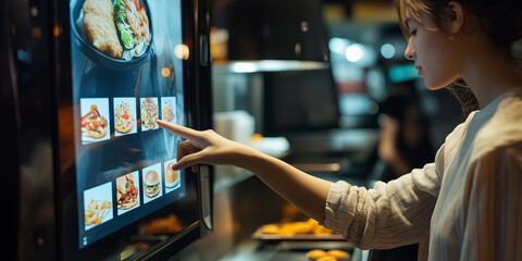 Person using touch screen kiosk to order food in fast food restaurant.