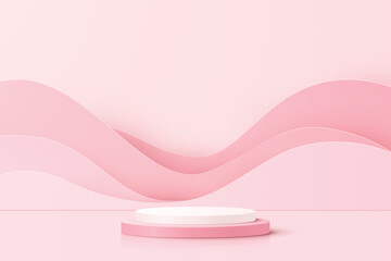 3d pink and white podium pedestal with wave backdrop in pastel room background. Vector minimal mockup scene for cosmetics product display.