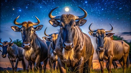 Captivating Night Photography of Brindled Wildebeest Under the Starlit Sky in Their Natural Habitat, Showcasing the Unique Patterns and Behaviors of These Majestic Creatures