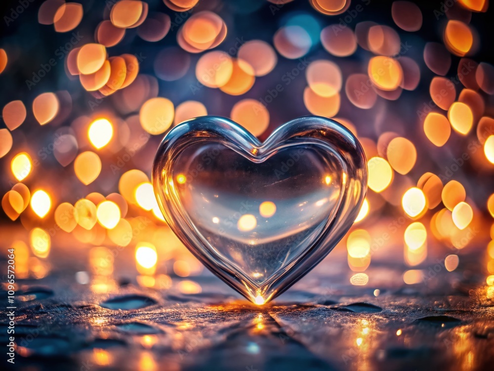 Poster captivating night photography of heart-shaped glass creating a romantic atmosphere with bokeh lights