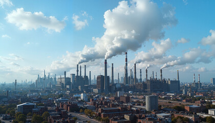 Industrial skyline with smokestacks emitting pollution against blue sky and clouds