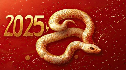 Obraz premium Red and gold themed Chinese New Year design with a decorative snake, symbolizing prosperity and luck. AI generated image
