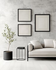 A modern living space featuring a minimalist sofa, black-framed artwork, and a potted plant, set against a textured wall.