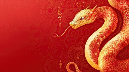 Obraz premium Red and gold themed Chinese New Year design with a decorative snake, symbolizing prosperity and luck. AI generated image