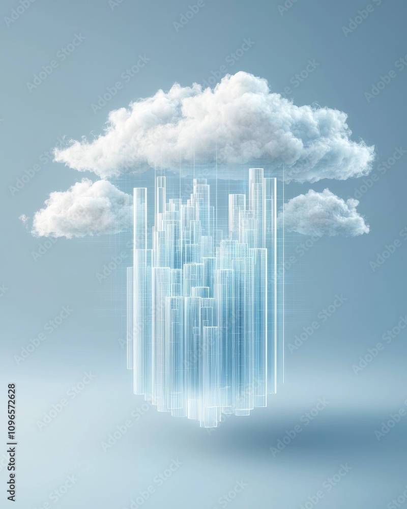 Poster a digital cloud with abstract cityscape elements emerging from below, representing technology and in