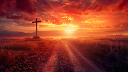 Obraz premium Red Sky Sunset: A stunning landscape with a red sky at sunset, featuring a road leading up to a cross, symbolizing Christianity.