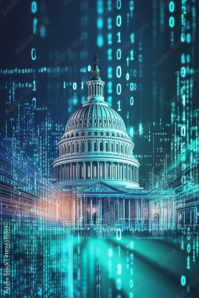 Poster a vivid digital representation of the u.s. capitol building artfully blends with intricate binary co