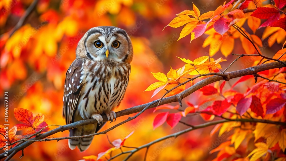 Poster captivating panoramic view of an owl perched on a branch amidst a vibrant autumn tree canopy with co