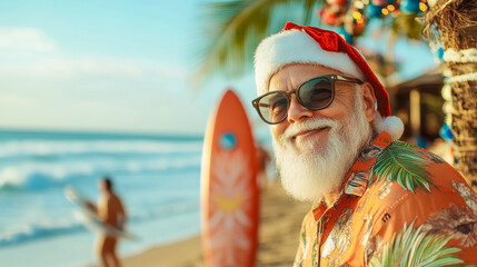 Indian santa claus on a beach wearing a tropical shirt, standing near a decorated palm tree and a surfboard, with sand and ocean waves in the background