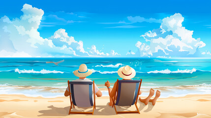 Senior Couple Relaxing at the Beach: A relaxed summer vacation scene with a senior couple sitting on the beach, enjoying the tranquil setting.