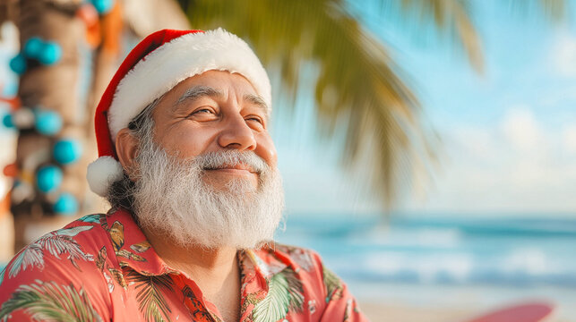 Indian santa claus on a beach wearing a tropical shirt, standing near a decorated palm tree and a surfboard, with sand and ocean waves in the background - Powered by Adobe