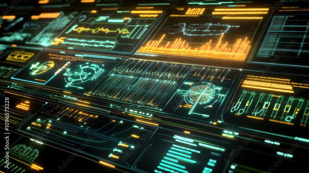 Poster futuristic digital interface with glowing graphs, charts, and data.