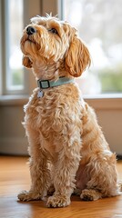 A fluffy dog sitting attentively indoors by a window.