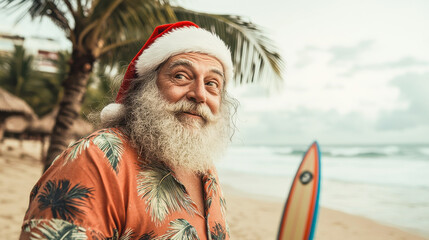 Indian santa claus on a beach wearing a tropical shirt, standing near a decorated palm tree and a surfboard, with sand and ocean waves in the background