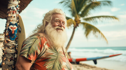 Indian santa claus on a beach wearing a tropical shirt, standing near a decorated palm tree and a surfboard, with sand and ocean waves in the background