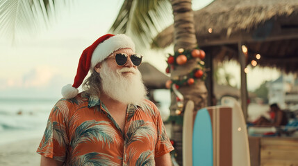 Indian santa claus on a beach wearing a tropical shirt, standing near a decorated palm tree and a surfboard, with sand and ocean waves in the background