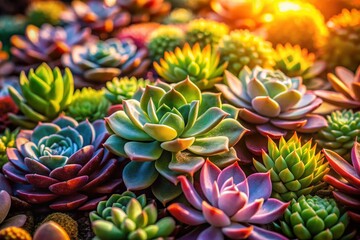 Fototapeta premium Captivating Portrait Photography Featuring a Lush Background of Miniature Succulent Plants in Vivid Colors and Intricate Detail for Nature Lovers and Garden Enthusiasts
