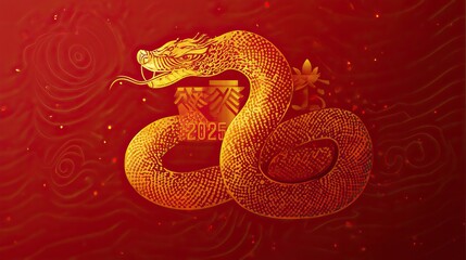 Obraz premium Red and gold themed Chinese New Year design with a decorative snake, symbolizing prosperity and luck. AI generated image