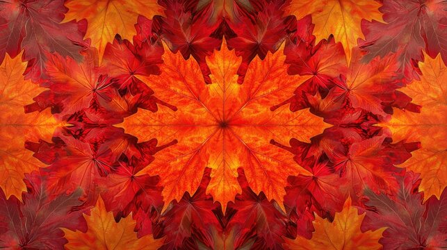 Photographs by master photographers,A kaleidoscope-like view of vibrant red and orange maple leaves, with the leaves reflected 