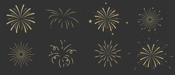 Exploding festive fireworks isolated on black background. Flat style. For holiday banner, poster, flyer, greeting card, decorative elements.Vector